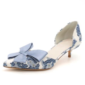 White Satin Kitten Heel Pumps Blue Floral and Bow Evening Shoes
